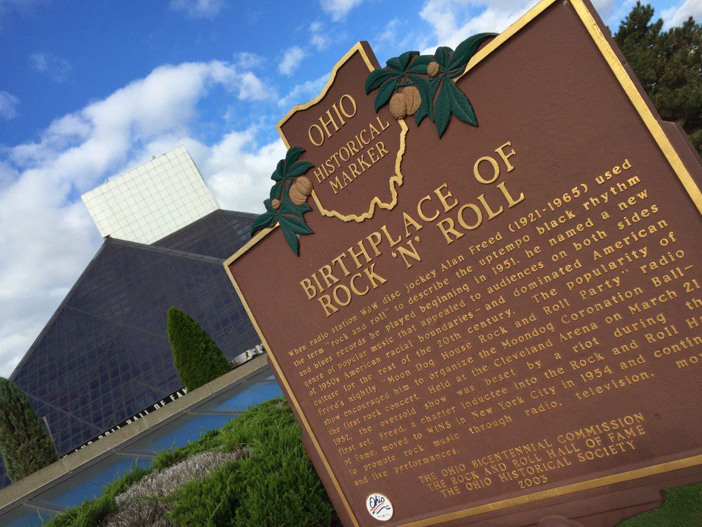 A marker outside the Rock and Roll Hall of Fame talks about where "Rock And Roll" came from.
