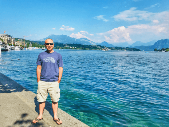 In Lucerne Switzerland with the Swiss Alps in the background