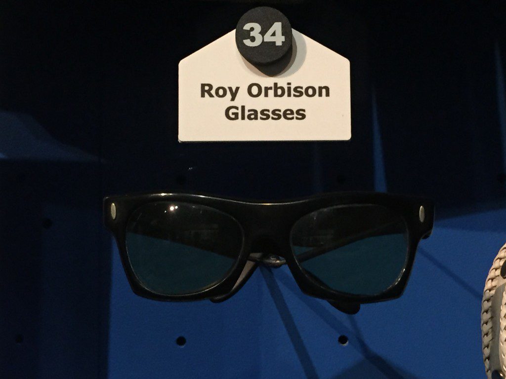 The prescription glasses worn by Roy Orbison on stage. The story goes that Orbison left his actual glasses on a plane and only had these to see with on stage. It turned out to start a trend that still exists to this day.